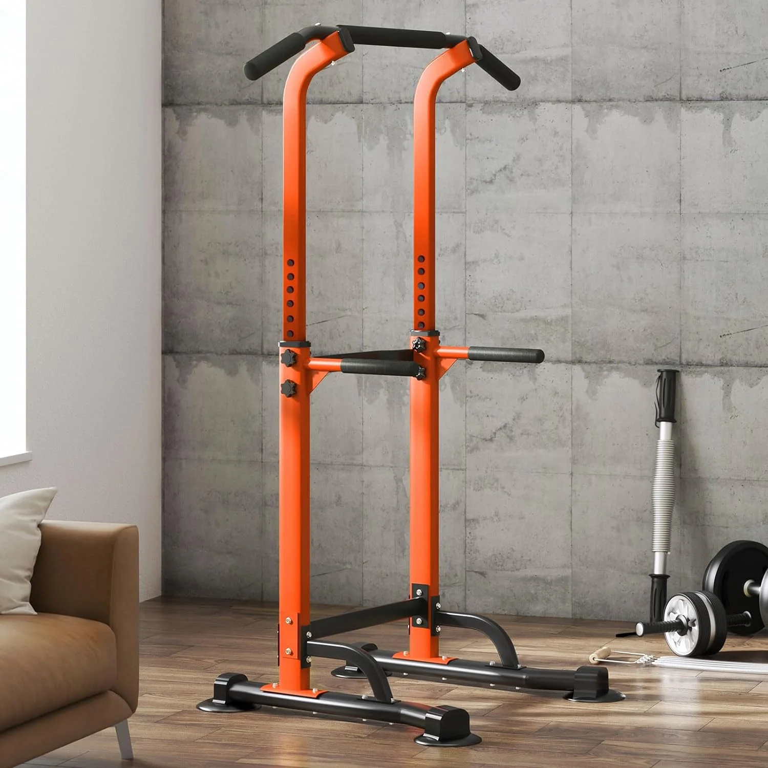 SOGES Height Adjustable Power Tower Dip Stands Pull up Bar Strength Training for Home Gym Black