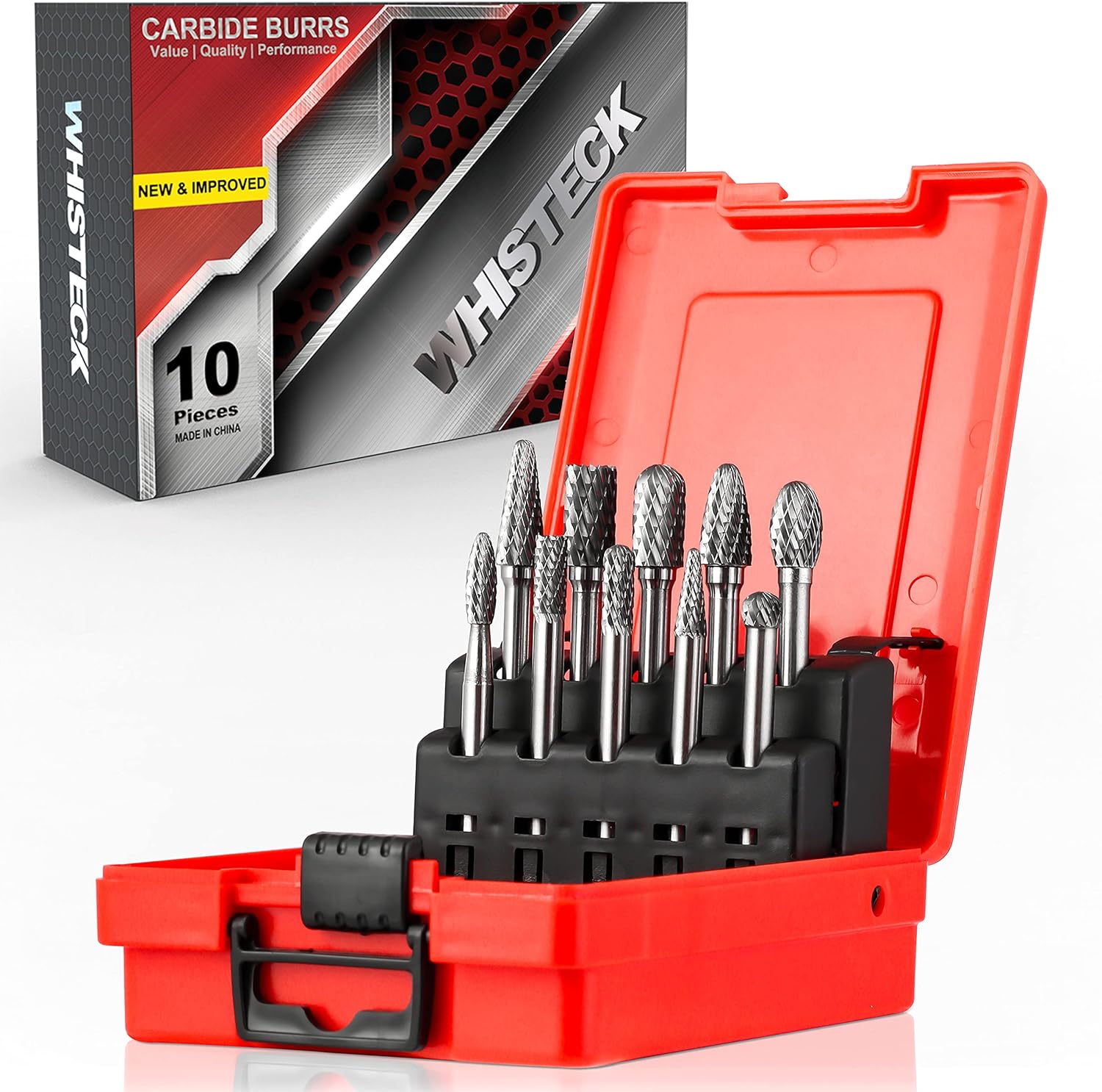 WHISTECK Carbide Burrs Set, 10 Pcs Double Cut Solid Tungsten Carbide Rotary Burr Set, 1/4 Inch Shank Die Grinder Bits, Rotary File for Die Grinder Metal Carving, Polishing, Engraving, Drilling