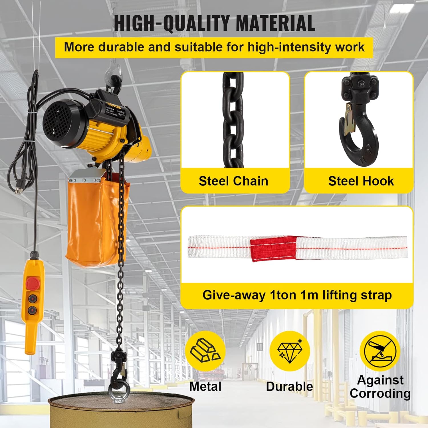 VEVOR Electric Chain Hoist, 1100lbs Winch with 10FT Wired Remote Control, 110V Overhead Crane Garage Ceiling Pulley, 1300W Lifting Power System w/Emergency Stop Switch, 15 Feet Max. Pulling Height
