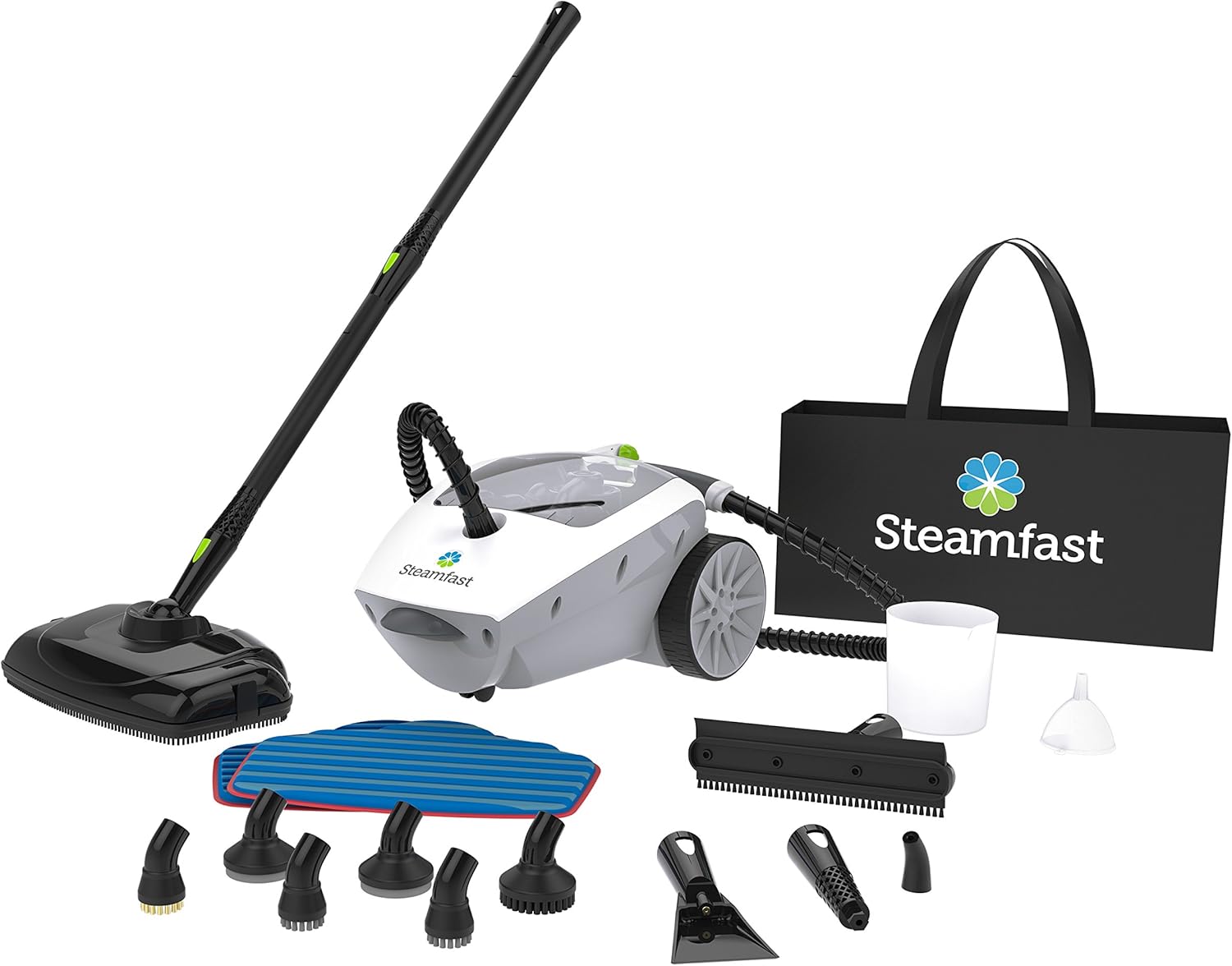 Steamfast SF-375 Deluxe Canister Steam Cleaner with 18 Accessories, Continuous Trigger, and Onboard Storage , White