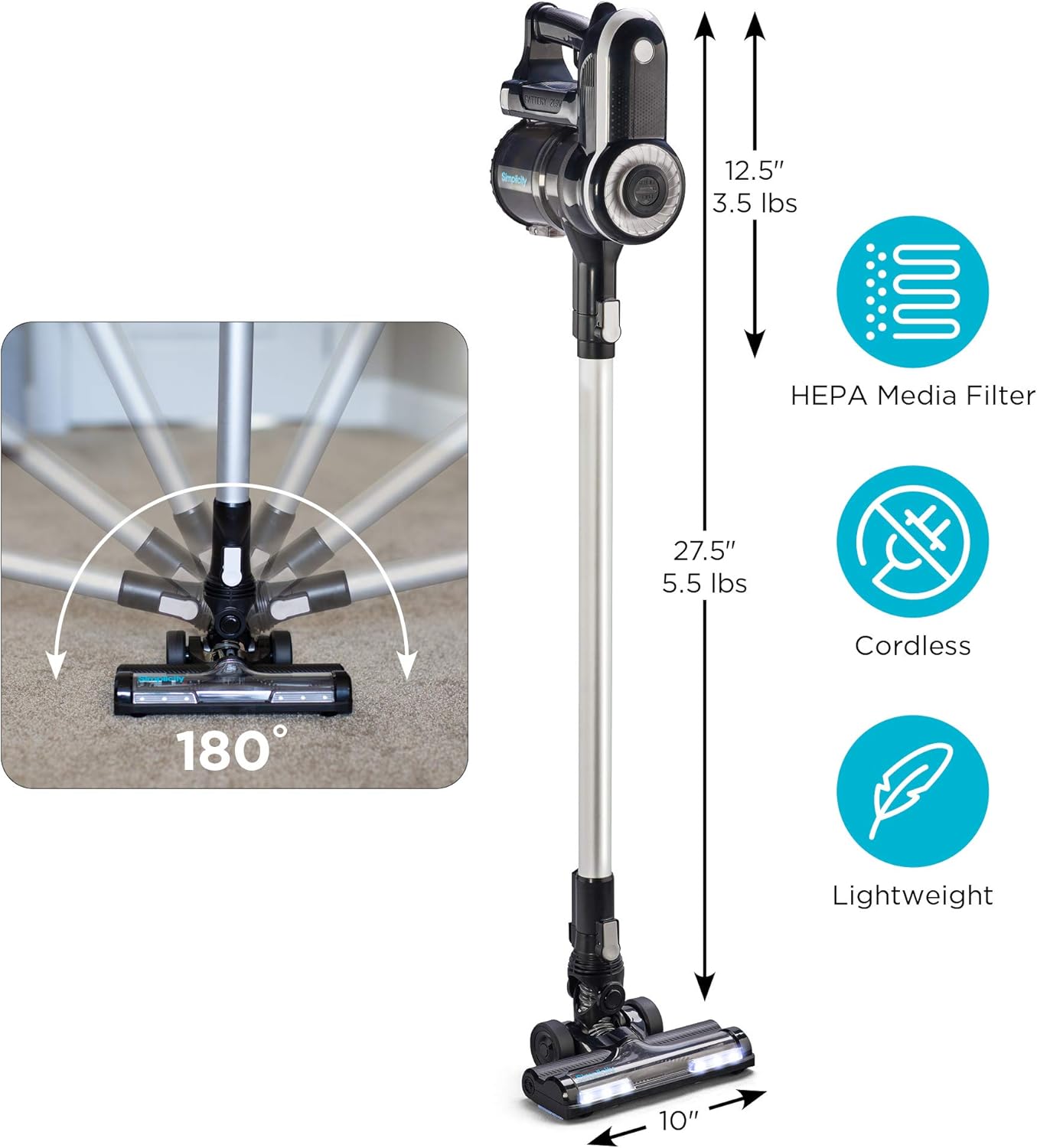 Lightweight Cordless Vacuum Cleaner by Simplicity, One-Click Cordless Stick Vacuum for Carpet and Hardwood Floors, S65S