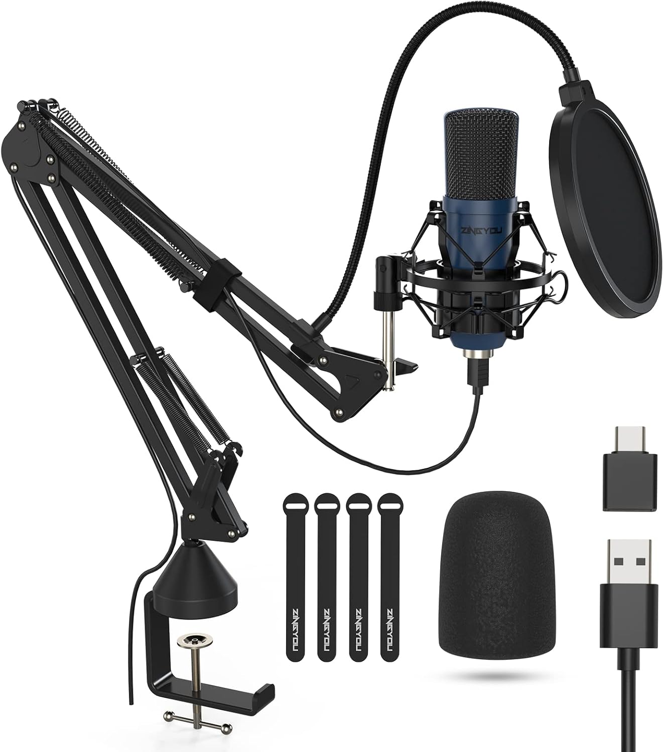 USB Condenser Microphone, ZINGYOU 96KHz/24Bit Cardioid Computer Mic Kit for PC Recording, Gaming, Live Streaming, Voice Over, YouTube, Twitch, with Upgraded Boom Arm, ZY-UA2 (Gold) Pack of 2