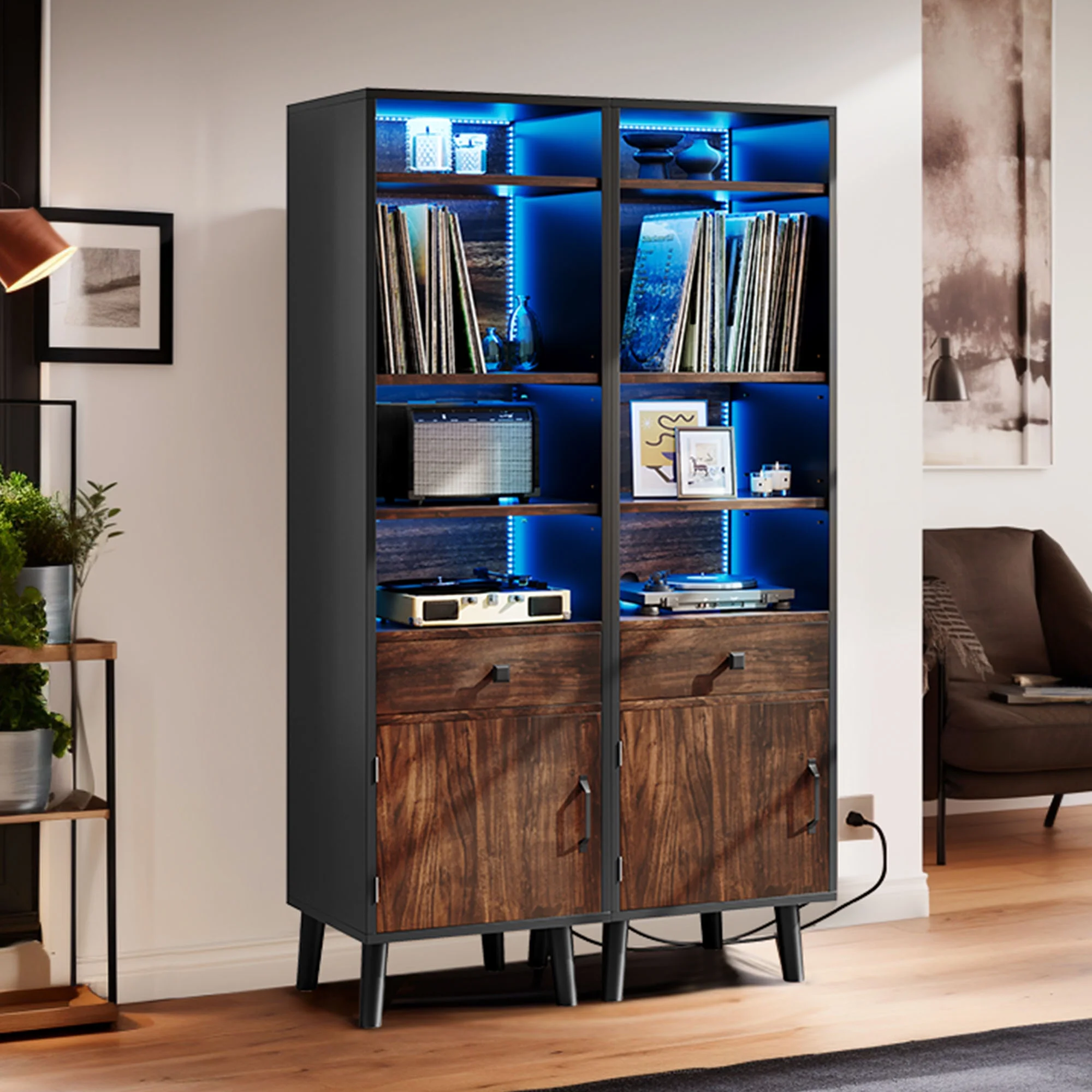 DWVO 6-Tier Record Player Stand With Power Outlets and LED Light, Turntable Stand with Vinyl Record Storage Cabinet Holds Up to 550 Albums - Curated Treasures Market