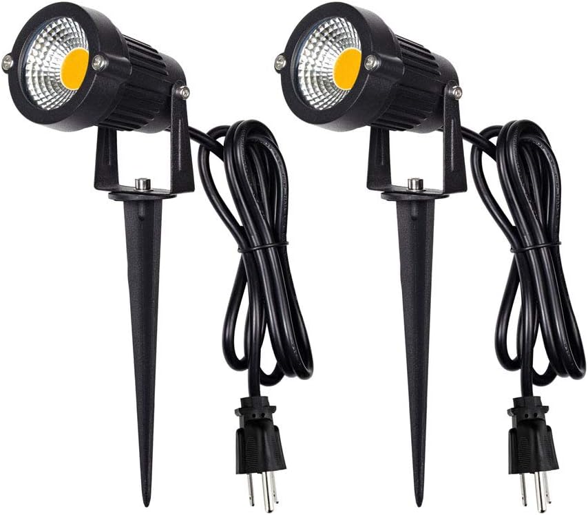 Outdoor Landscape LED Lighting 5W Waterproof Graden Lights COB Led Spotlights with Spiked Stand for Lawn Decorative Lamp US 3- Plug 3500K Warm White Lights (2 Packs)