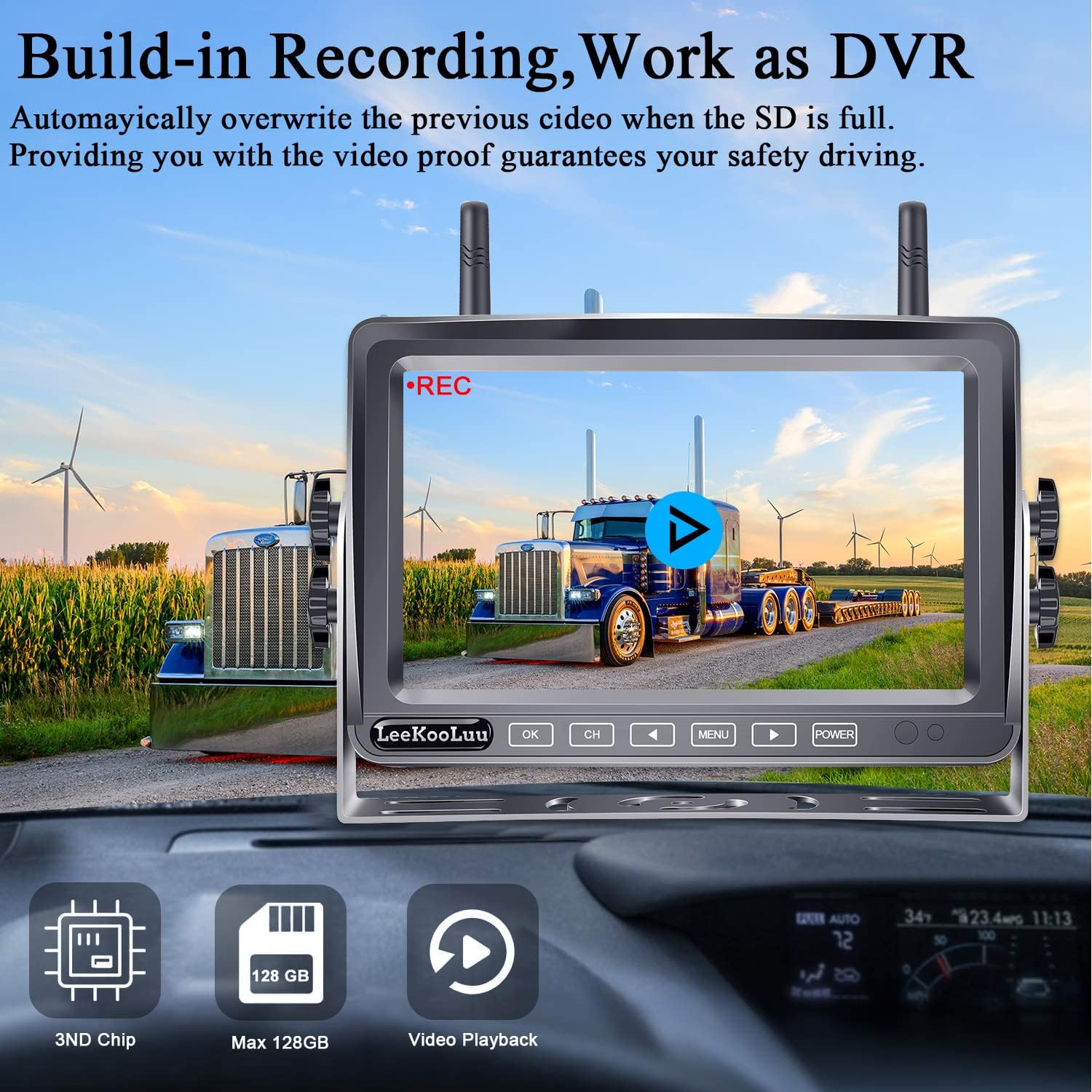 Wireless Backup Camera RV HD 1080P 7 Inch Monitor Recorder DVR Split Screen Four Channels Waterproof Night Vision Rear View System LeeKooLuu LK5