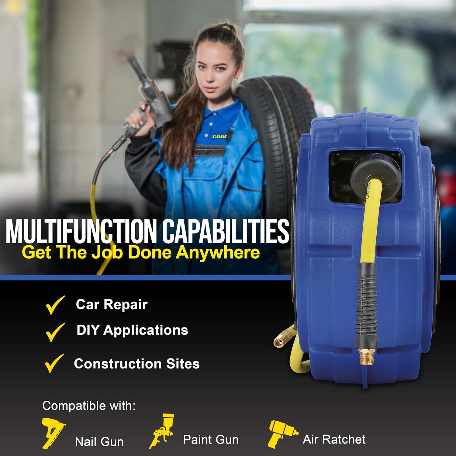 Goodyear Air Hose Reel Retractable 3/8 Inch x 50' Foot Hybrid Polymer Hose Max 300PSI Commerical Polypropylene Construction
