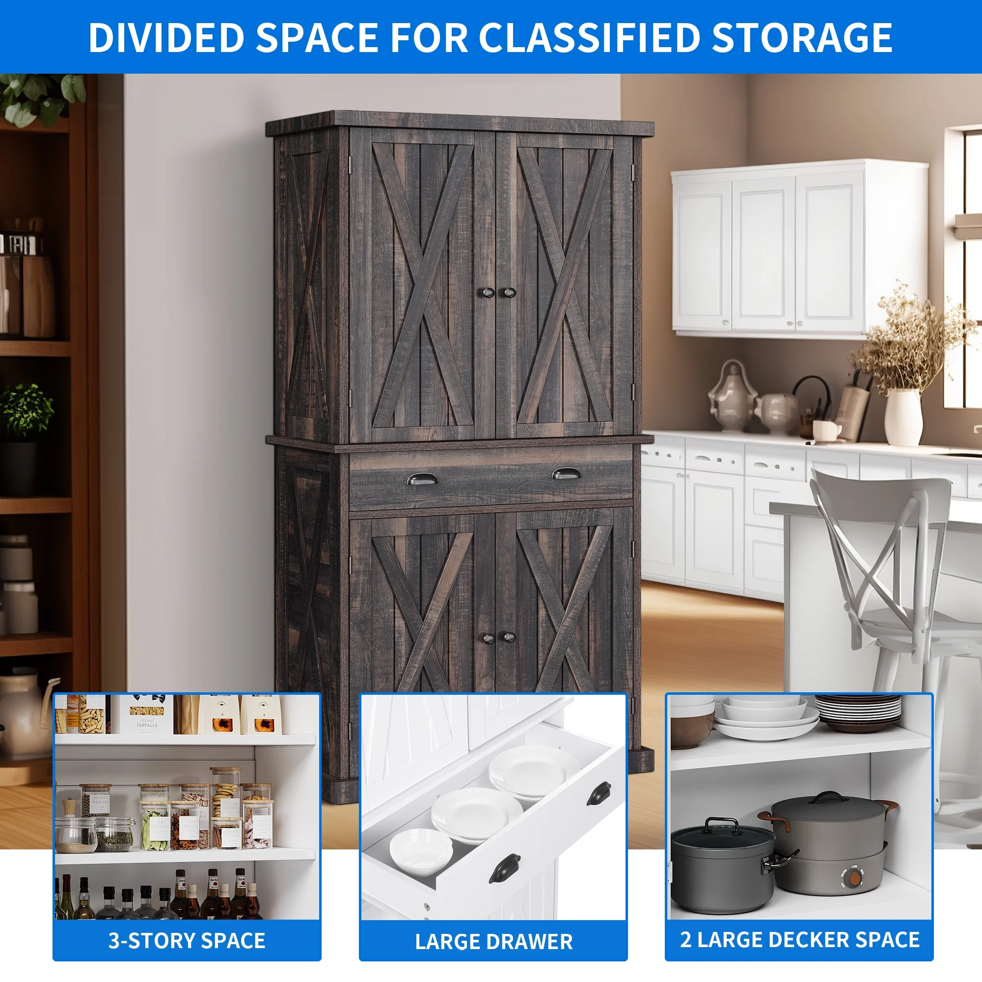 Dextrus 72" Kitchen Pantry Storage Cabinet, Large Drawer Farmhouse Storage Cabinet with 4 Doors, 6-Tier Freestanding Buffet Cupboards for Dining Room Living Room, Rustic Oak
