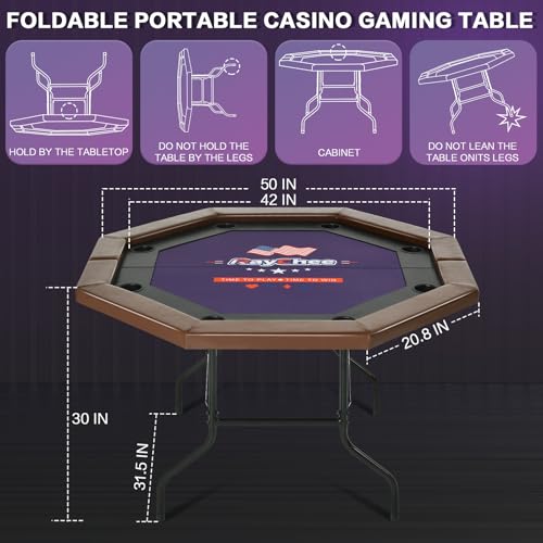 8 Players Poker Table Foldable,50inch Upgraded Folding Octagon Casion Table, Portable Texas Holedem Table w/Stainless Steel Cup Holders, Water-Resistant Cushioned Rail (Brown)