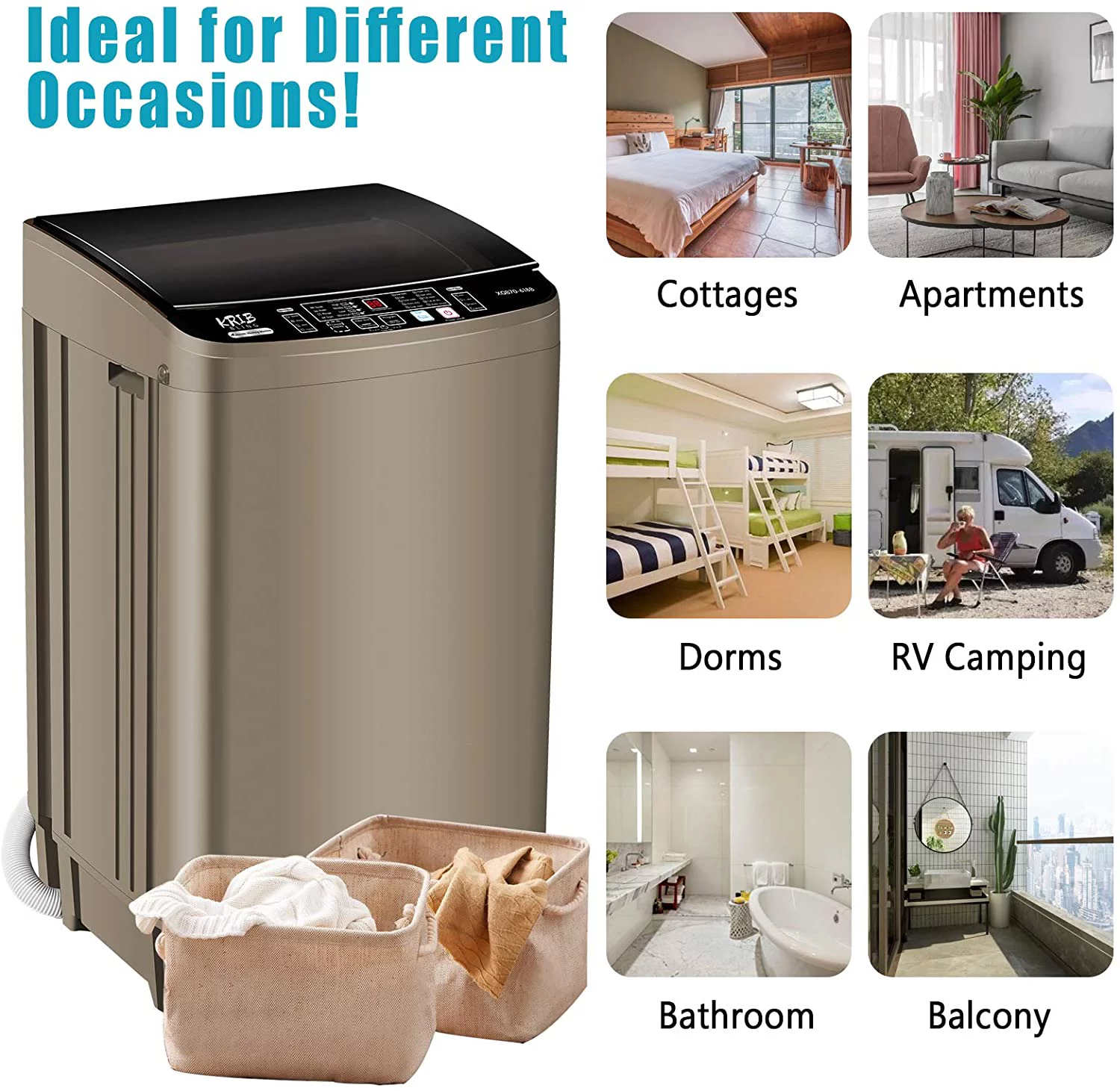Full-Automatic Washing Machine 15.6 lbs Krib Bling Portable Compact Laundry Washer with Drain Pump