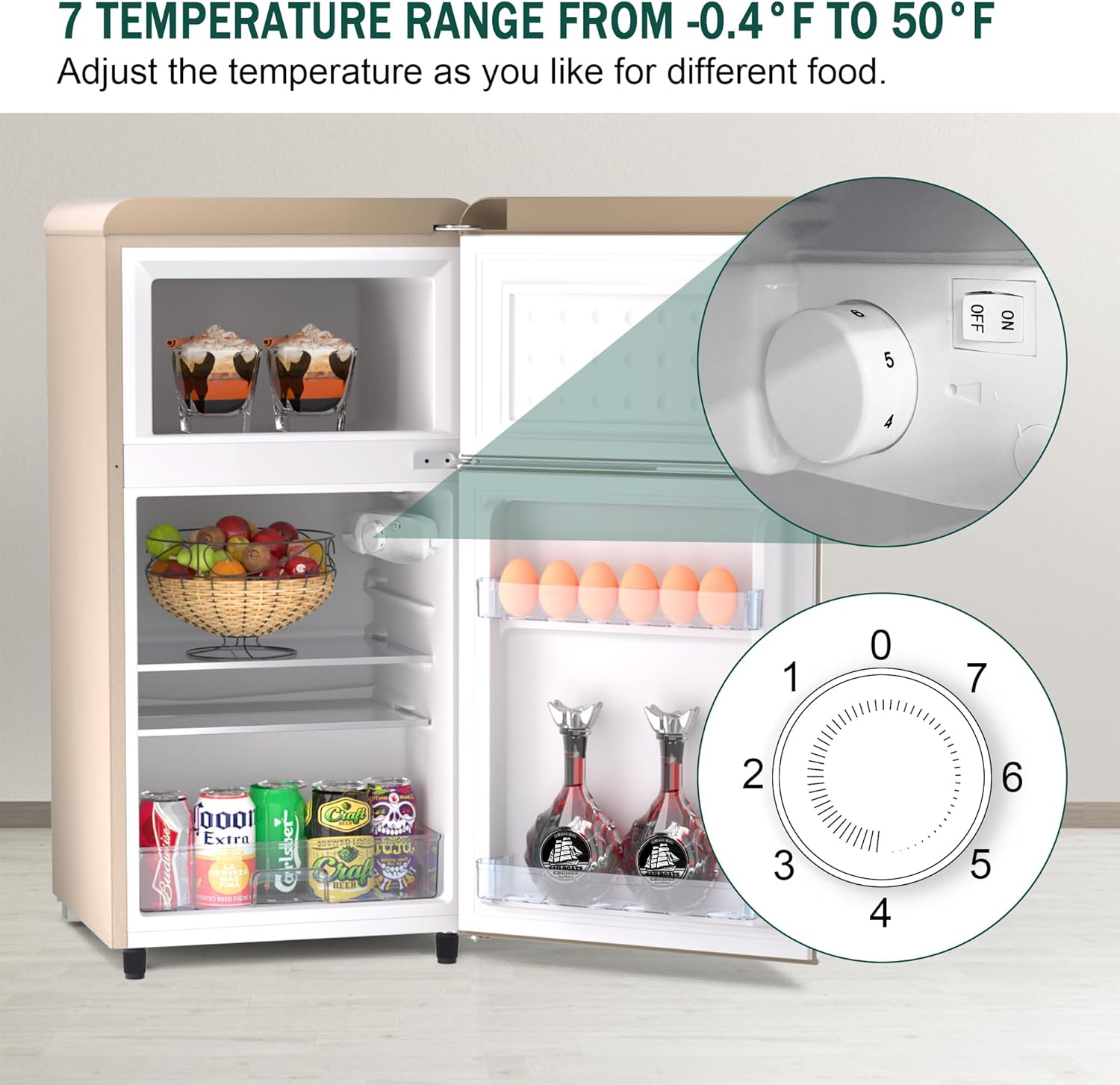 Mini Fridge with Freezer Retro Refrigerator 4.1 Cu. Ft. Small Fridge with Freezer for Bedroom with Adjustable Temperature,Glass Shelves,2-Door Retro Mini Fridge for Dorm,Office,RV,Apartment(Gold)