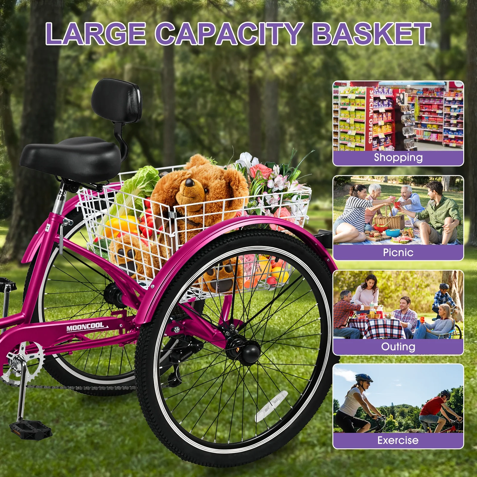 MOPHOTO Adult Tricycles 3 Wheel 7 Speed Trikes, 20/24/26 inch with Big Basket for Shopping, Picnics Exercise Men's Women's Senior's Trike