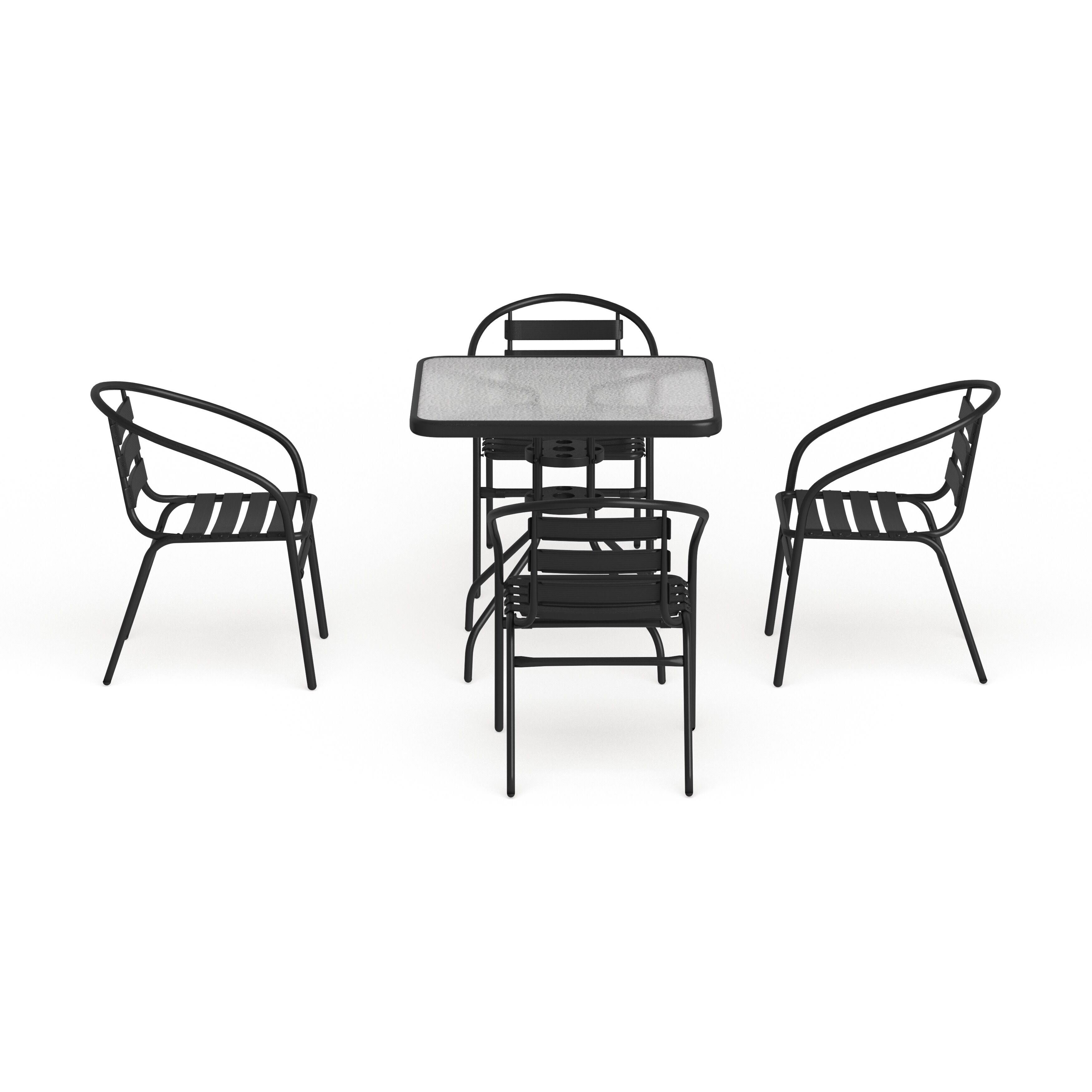 Lancaster Home 31.5-inch Square Glass Metal Table with 4 Metal Aluminum Slat Stack Chairs, Black