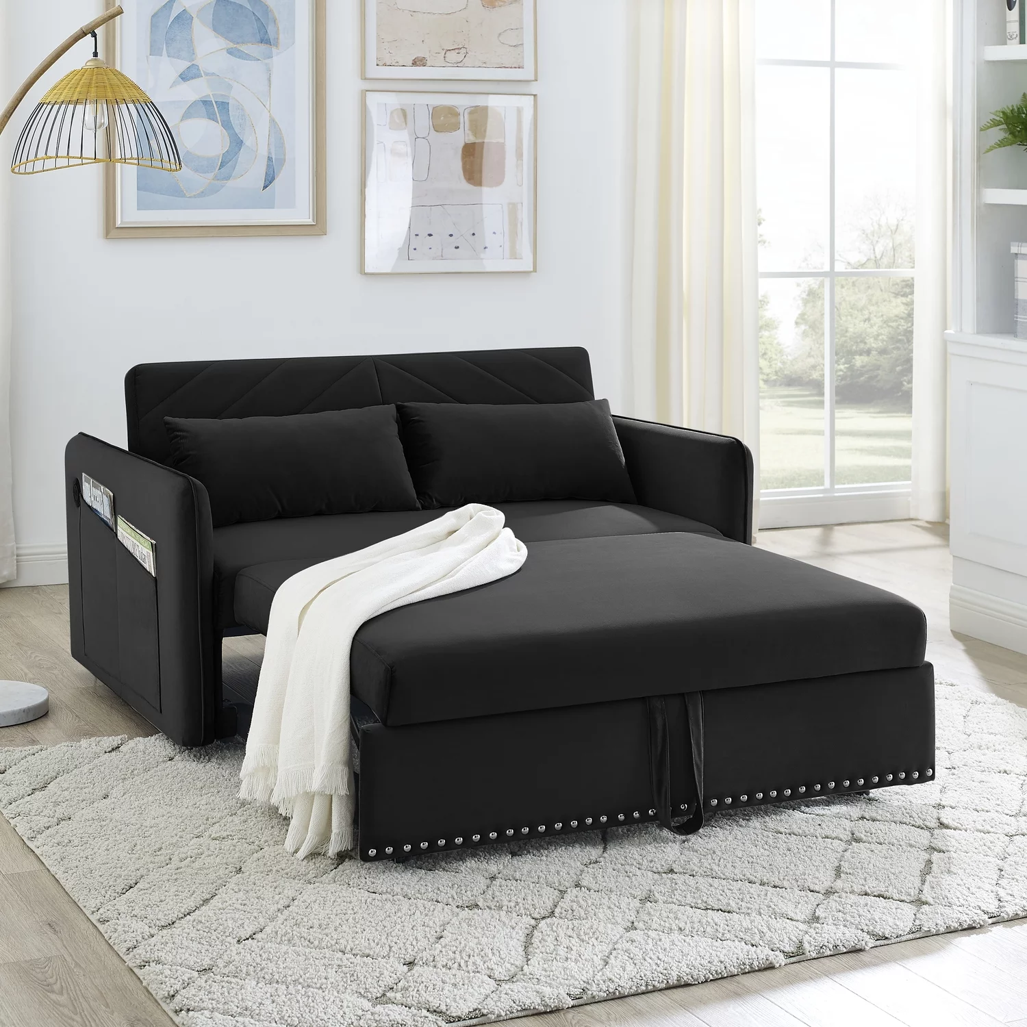 Holaki Pull-out Sofa Sleeper, 3-in-1 Adjustable Sleeper with Pull-out Bed, 2 Lumbar Pillows and Side Pocket, Soft Velvet Convertible Sleeper Sofa Bed, Black
