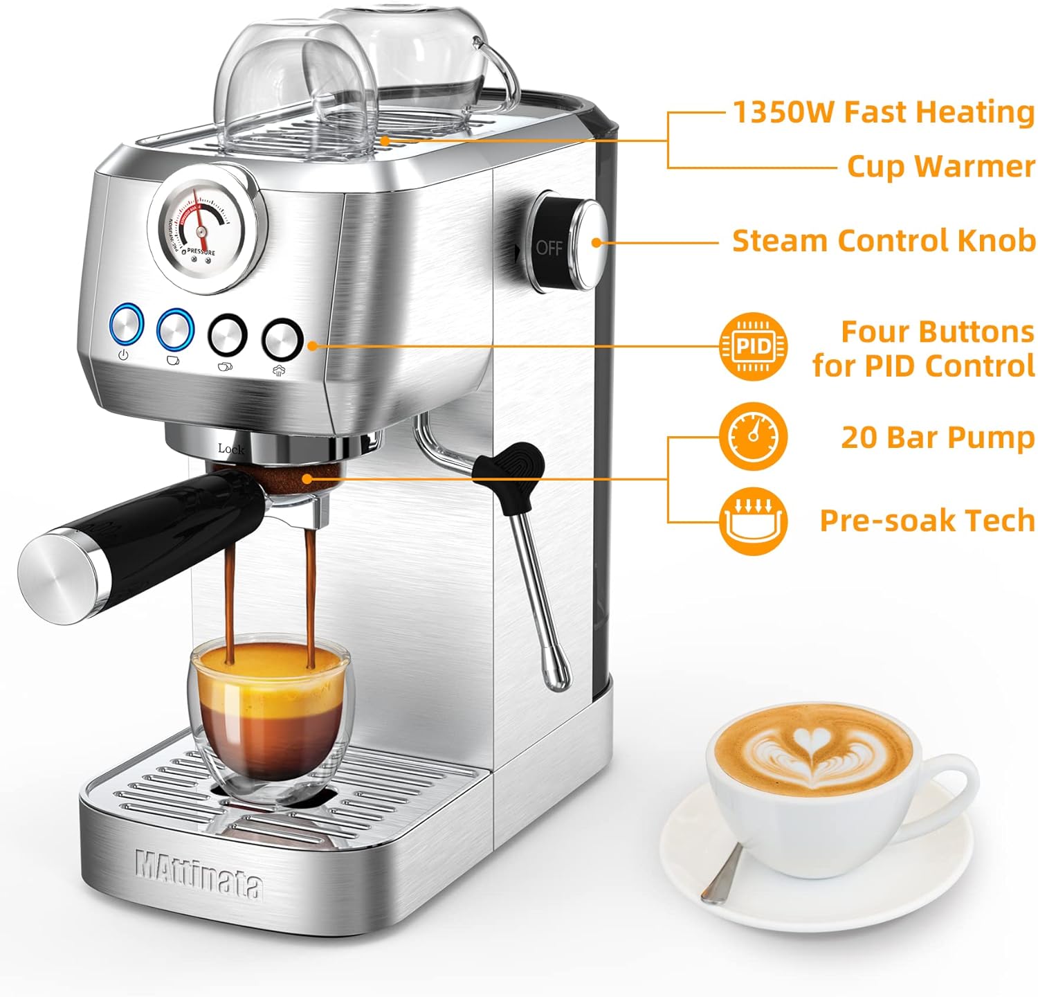 Espresso Machine, 20 Bar Professional Espresso Maker Stainless Steel with Milk Frother Steam Wand and Pressure Gauge, for Cappuccino, Latte, Gifts for Mom, Dad, Coffee Lovers