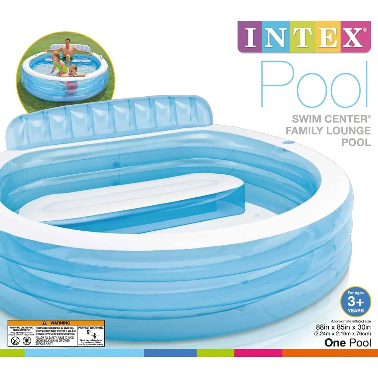 Intex - Family Lounge Inflatable Pool, 88''x85''x30'', 69 Gallon Capacity, Blue