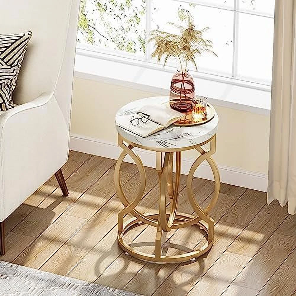 HJZBNONE Round End Table Set of 2  Multifunctional Accent Table Small Side Table for Living Room  Modern White Gold Nightstand with Faux Marble Tabletop  Bedside Table for Bedroom (2 PCS)