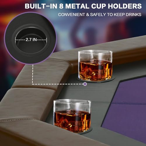 8 Players Poker Table Foldable,50inch Upgraded Folding Octagon Casion Table, Portable Texas Holedem Table w/Stainless Steel Cup Holders, Water-Resistant Cushioned Rail (Brown)