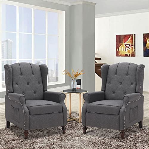 Wingback Recliner Chair with Massage and Heat, Tufted Fabric Pushback Recliner Chair, Wingback Chair with Remote Control, Padded Cushion, Wooden Legs, Small Recliners for Small Spaces