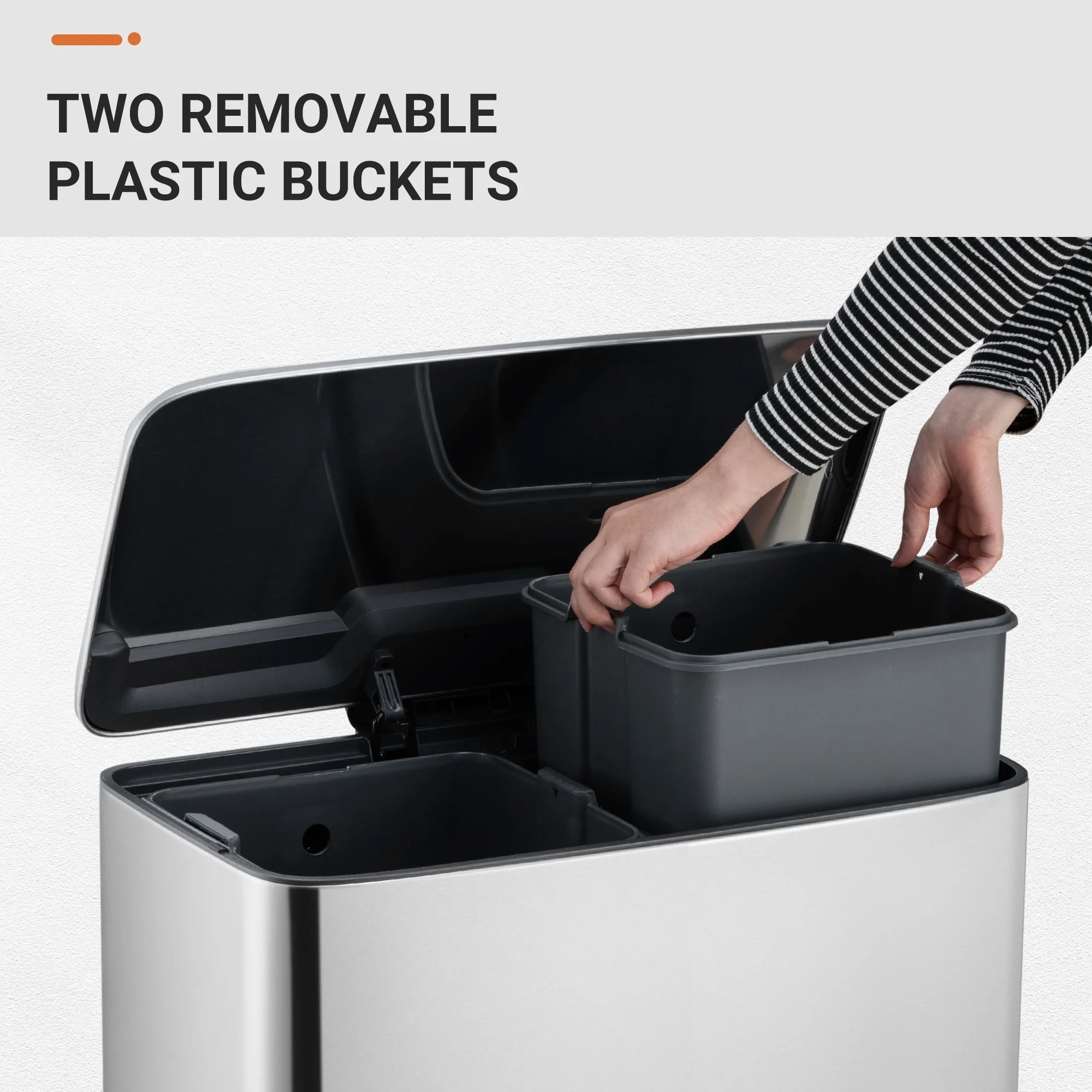 Innovaze 9.5 Gallon Trash Can, 4.75 Gallon Dual Compartment Recycling Step-On Kitchen Trash Can, Stainless Steel