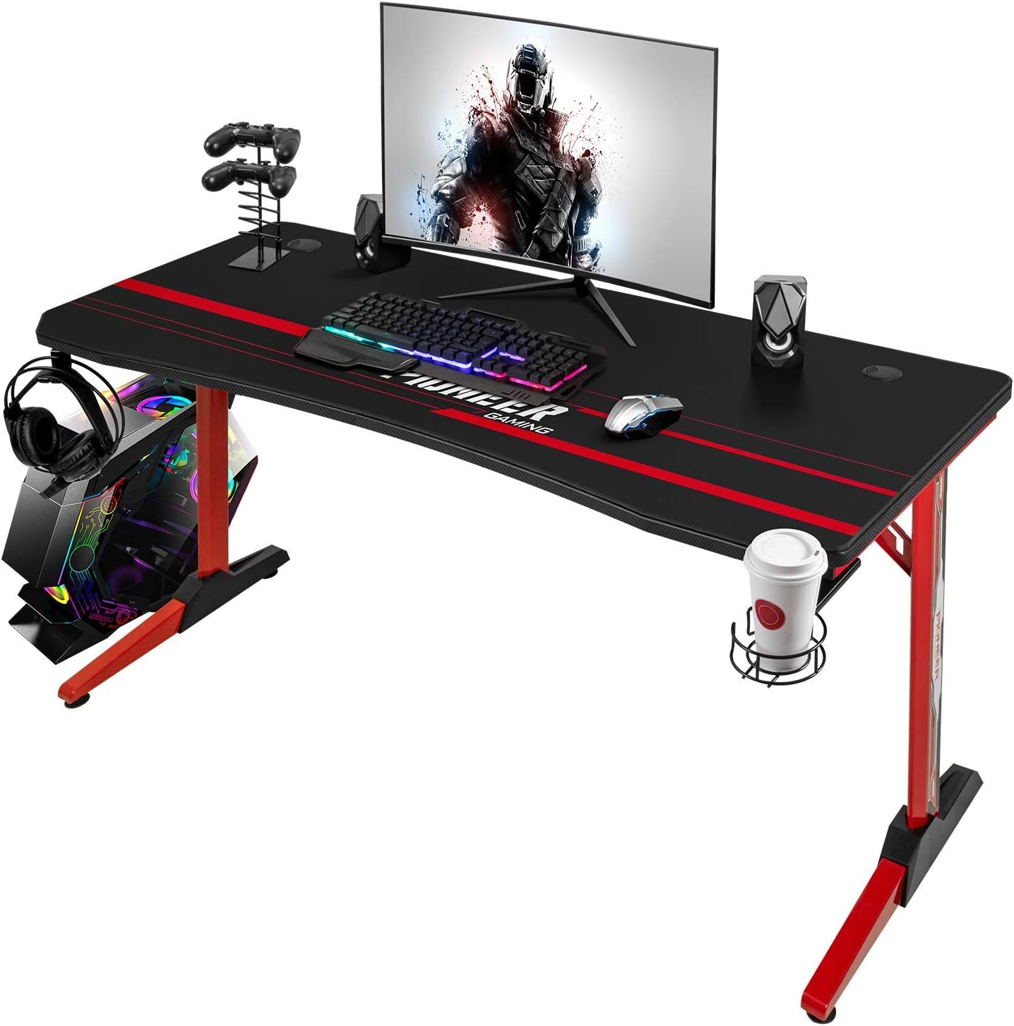 Devoko 55 Inch Gaming Desk T-Shaped PC Computer Table with Free Mouse Pad Carbon Fibre Surface Home Office Desk Gamer Table with Game Handle Rack Headphone Hook and Cup Holder (Black)