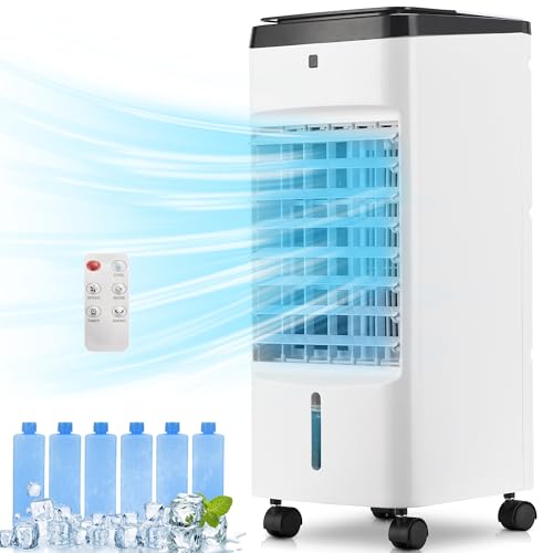 Uthfy Evaporative Air Cooler, 3 In 1 Swamp Cooler with 6 Ice Packs, Remote, 12H Timer, Portable Evaporative Cooler with 70° Oscillation, 3 Speeds, 3 Modes