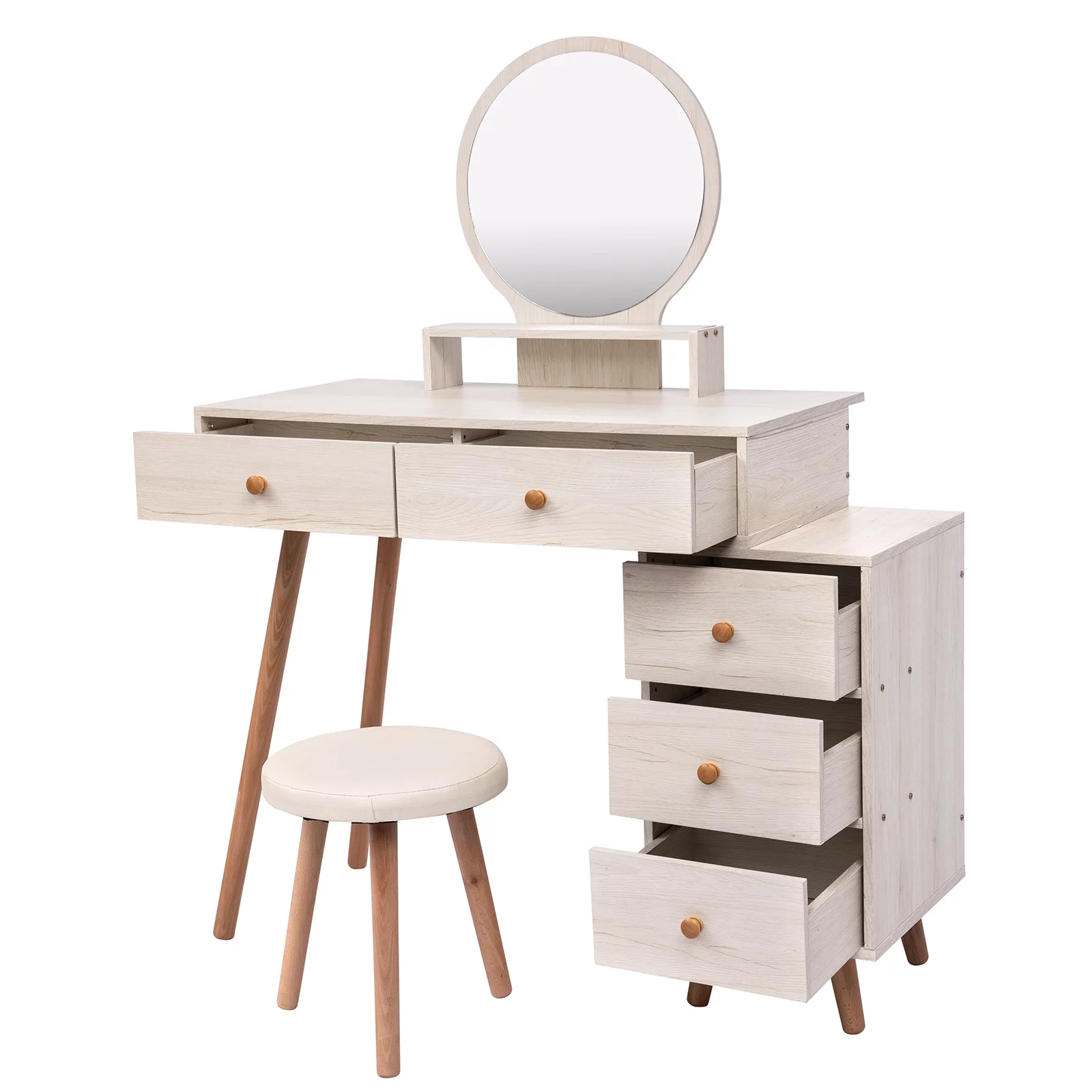 Ufurpie Makeup Vanity Table with Cushioned Stool,Large Capacity Storage Cabinet,5 Drawers,Large Round Mirror,Fasionable Makeup Furniture for Bedroom