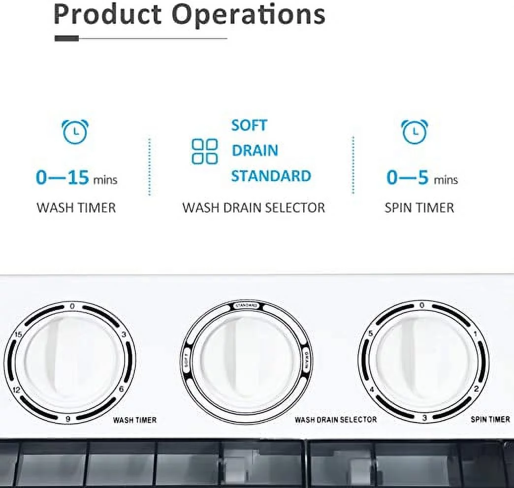 KUPPET Washing Machine, 21Ibs Portable Mini Compact Twin Tub Washer Spin Dryer, Ideal for Dorms, Apartments, RVs, Camping etc, White & Grey
