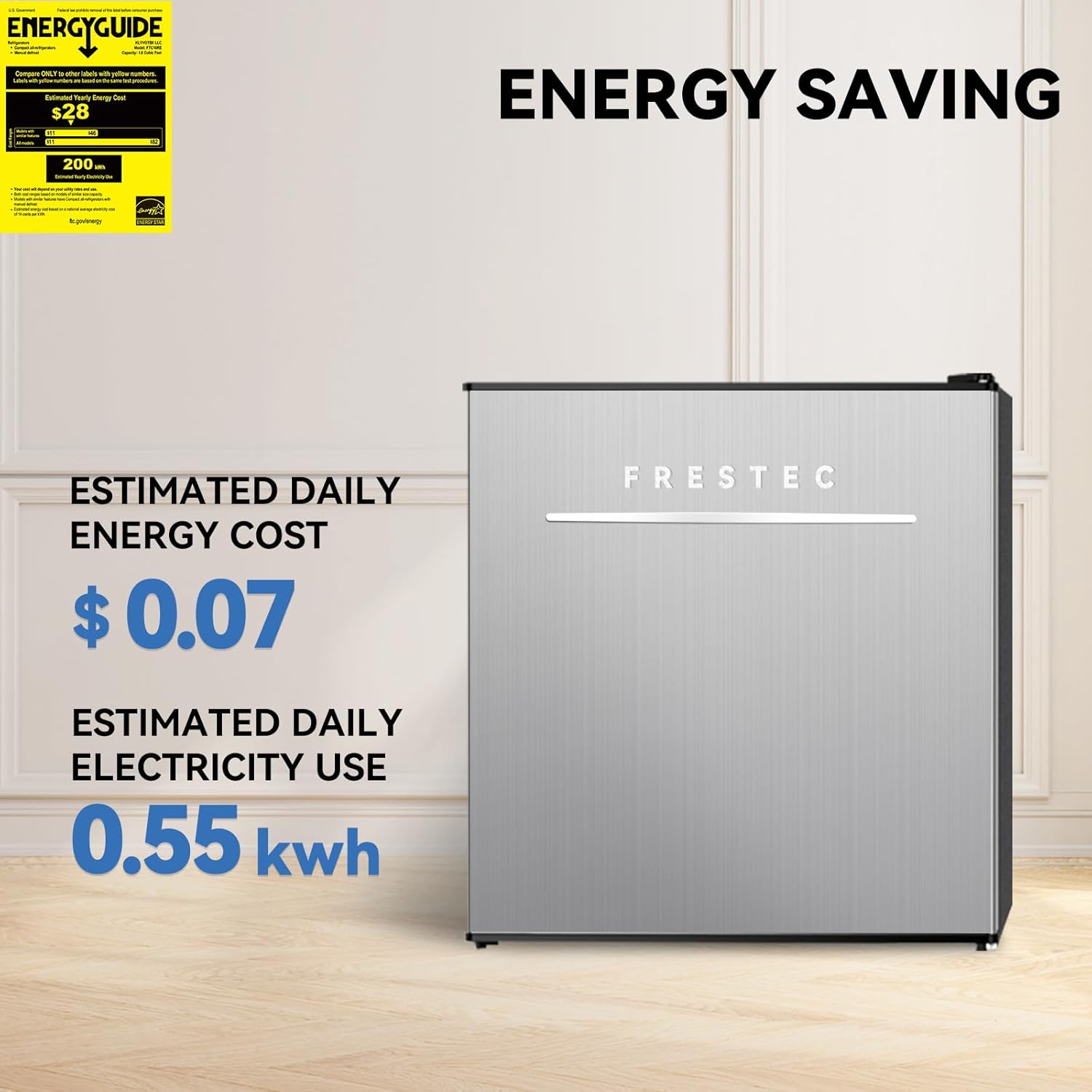 Frestec 1.6 Cu.Ft Mini Fridge for Bedroom, Mini Refrigerator with freezer, Dorm Fridge with Freezer, Reversible Door Perfect for Room and Office, Adjustable Temperature(without Handle, Silver)