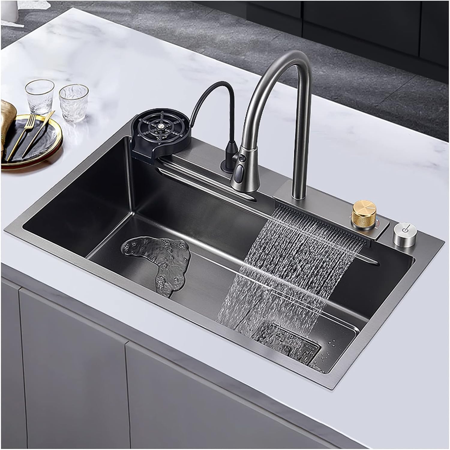 Kitchen Sink,New Stainless Steel Waterfall Sink,Bar Sink, 304 Stainless Steel Sink, with Cup Washer Sinks, Drop-in Or Undermount Installation (Black Grey)