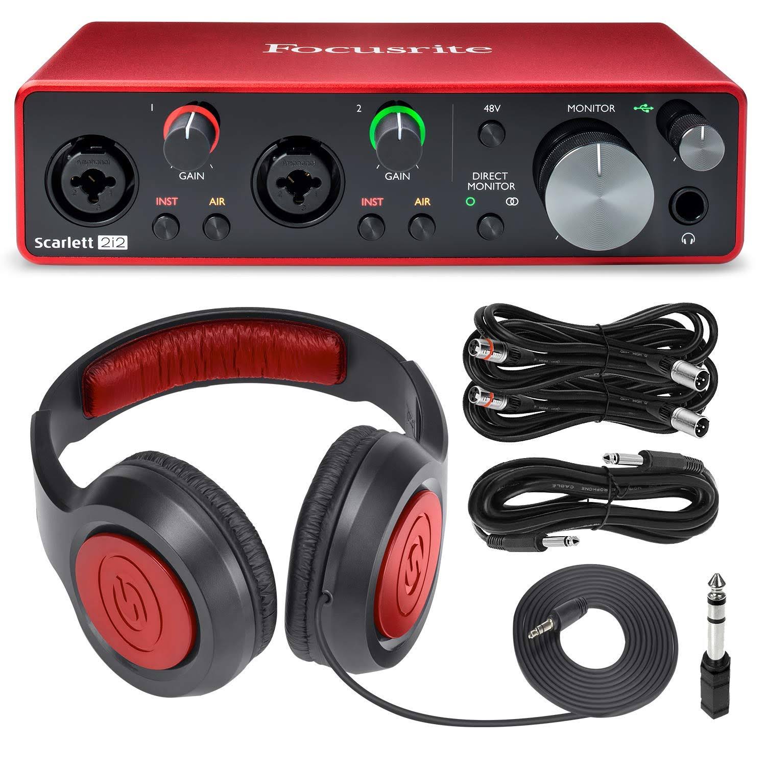 Focusrite Scarlett 2i2 2-in 2-OUT USB Recording Audio Interface (3rd Generation) + Samson SR360 Over-Ear Dynamic Headphones, Cab