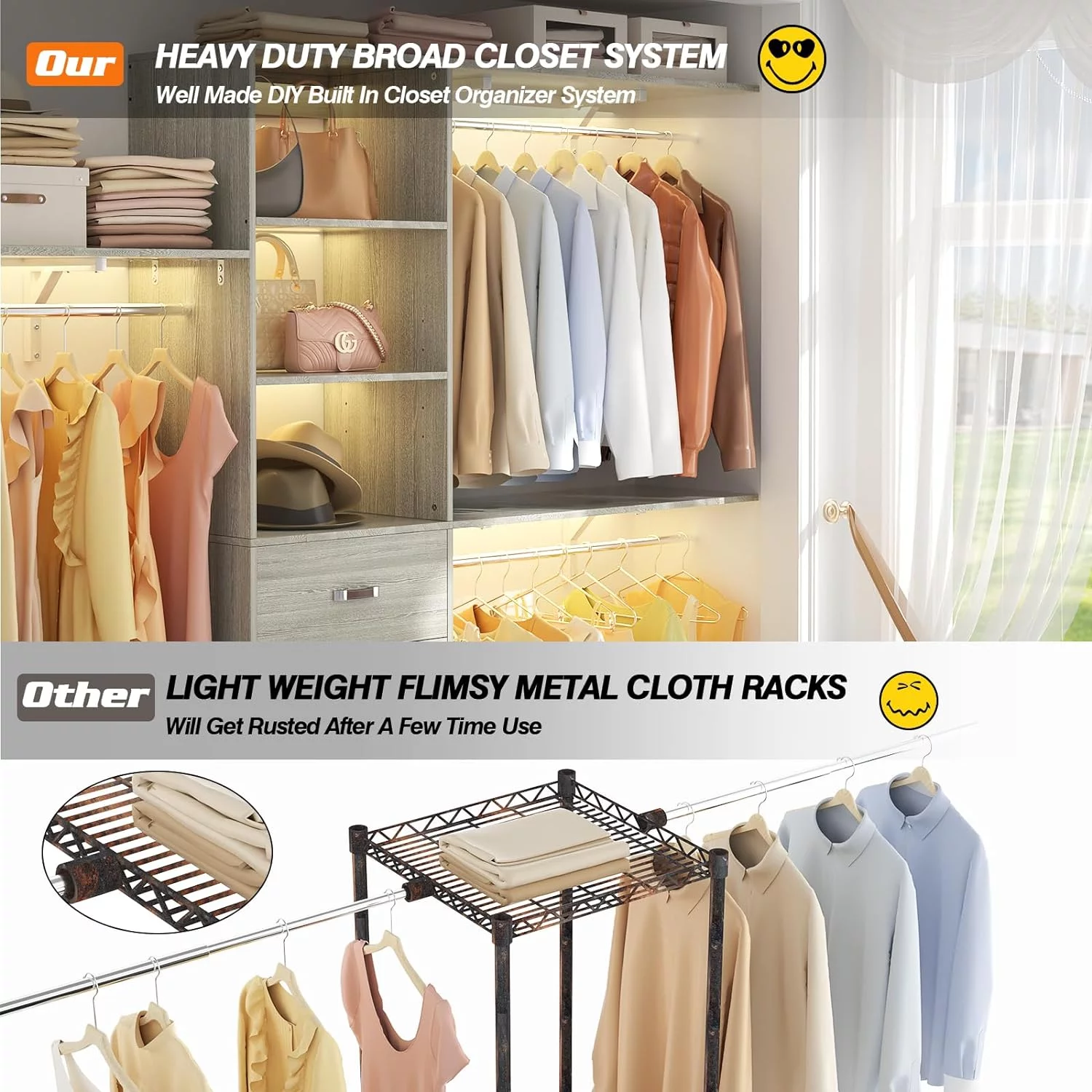 Homieasy 96 Inches Closet System, 8FT Walk In Closet Organizer with 3 Shelving Tower, Heavy Duty Clothes Rack with 3 Drawers, Built-In Garment Rack, 96" L x 16" W x 75" H, Max Load 1000 LBS, White Oak - Curated Treasures Market