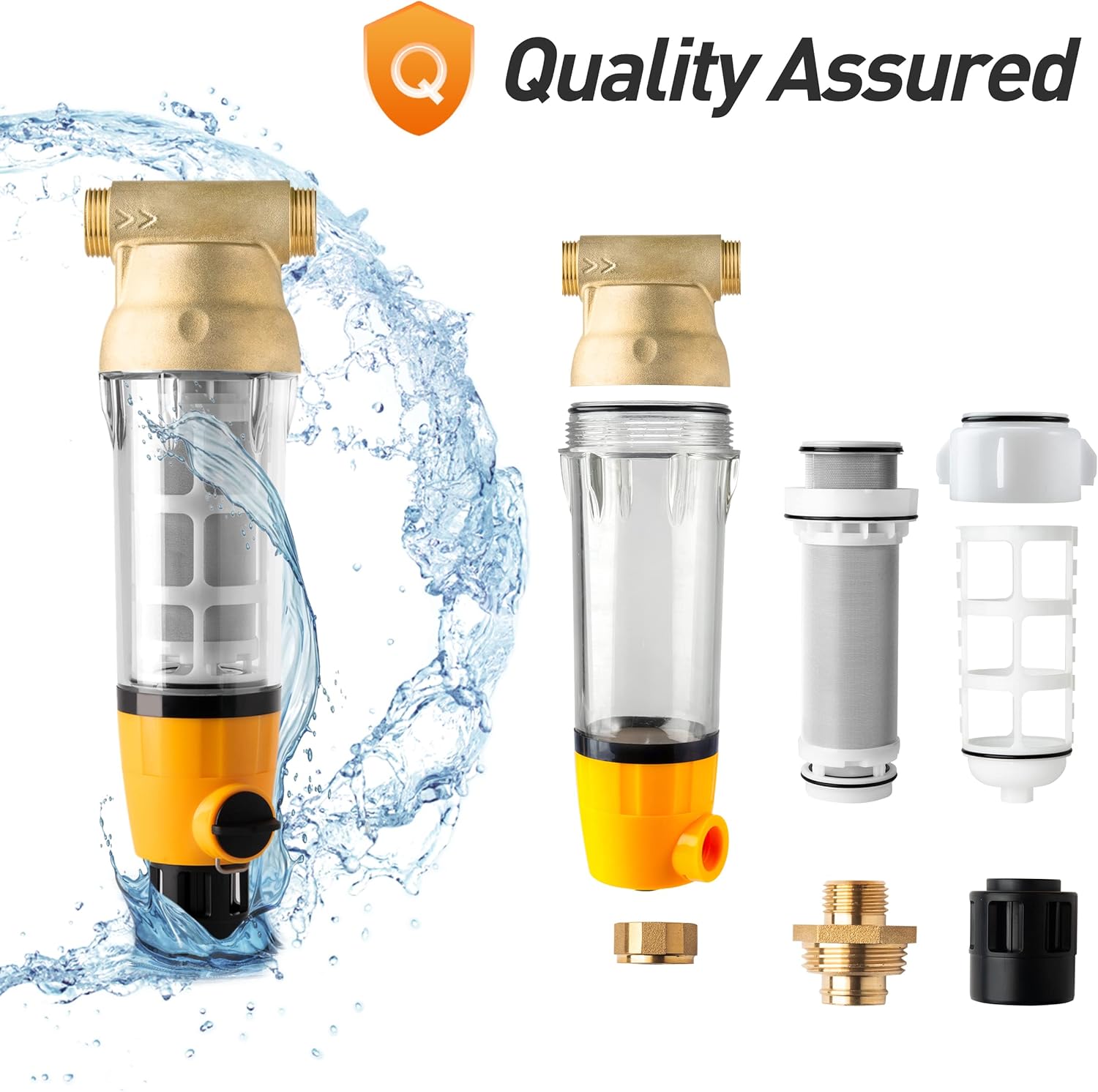iSpring WSP100B Large Reusable Whole House Spin Down Sediment Water Filter with Built-in Housing Scraper and Brass Top Clear Housing, 100 Micron