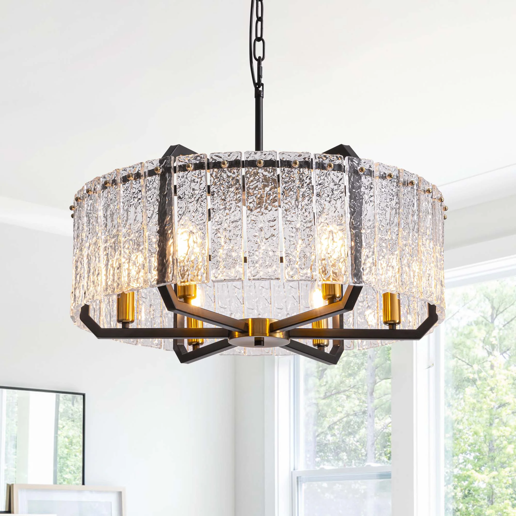 HOOMEDELIER Modern Crystal Chandeliers Lighting for Dining Room,  6-Light Luxury Water Ripple Glass Black Ceiling Light Fixture, Round Drum Chandelier for Kitchen Island, Entryway, Farmhouse 25"D*11"H