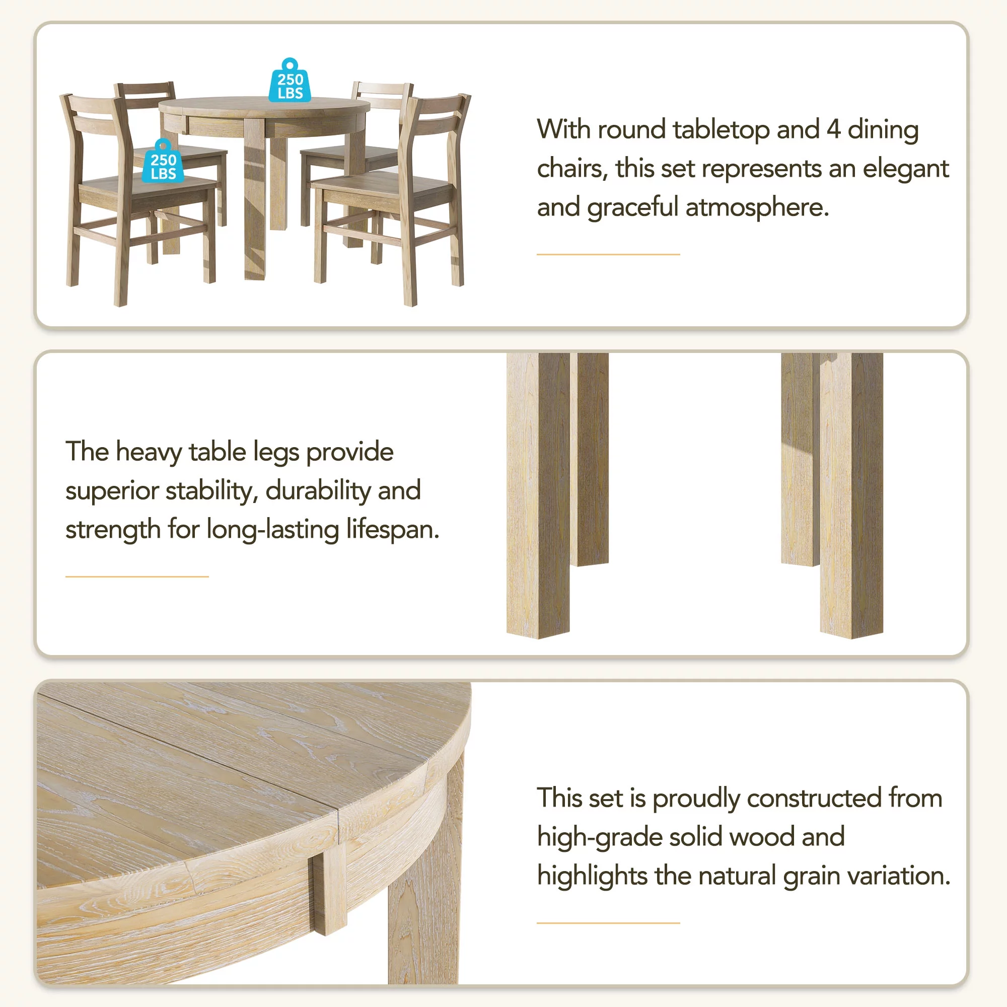 Churanty Round Extendable Dining Table Set Solid Wood Farmhouse 5 Piece Kitchen Dining Set for 4 with Leaf and Drawers,Natural - Curated Treasures Market