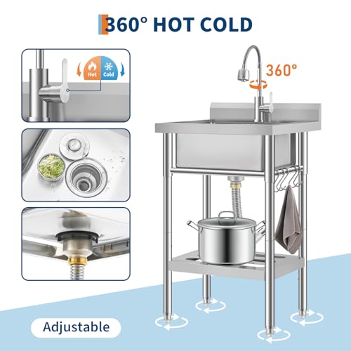 Commercial Stainless Steel Utility Sink with Faucet, Freestanding Laundry Sink with Adjustable Legs, Storage Shelf, Hooks, Backsplash, Hot & Cold Water for Kitchen, Garage, Outdoor, Farm