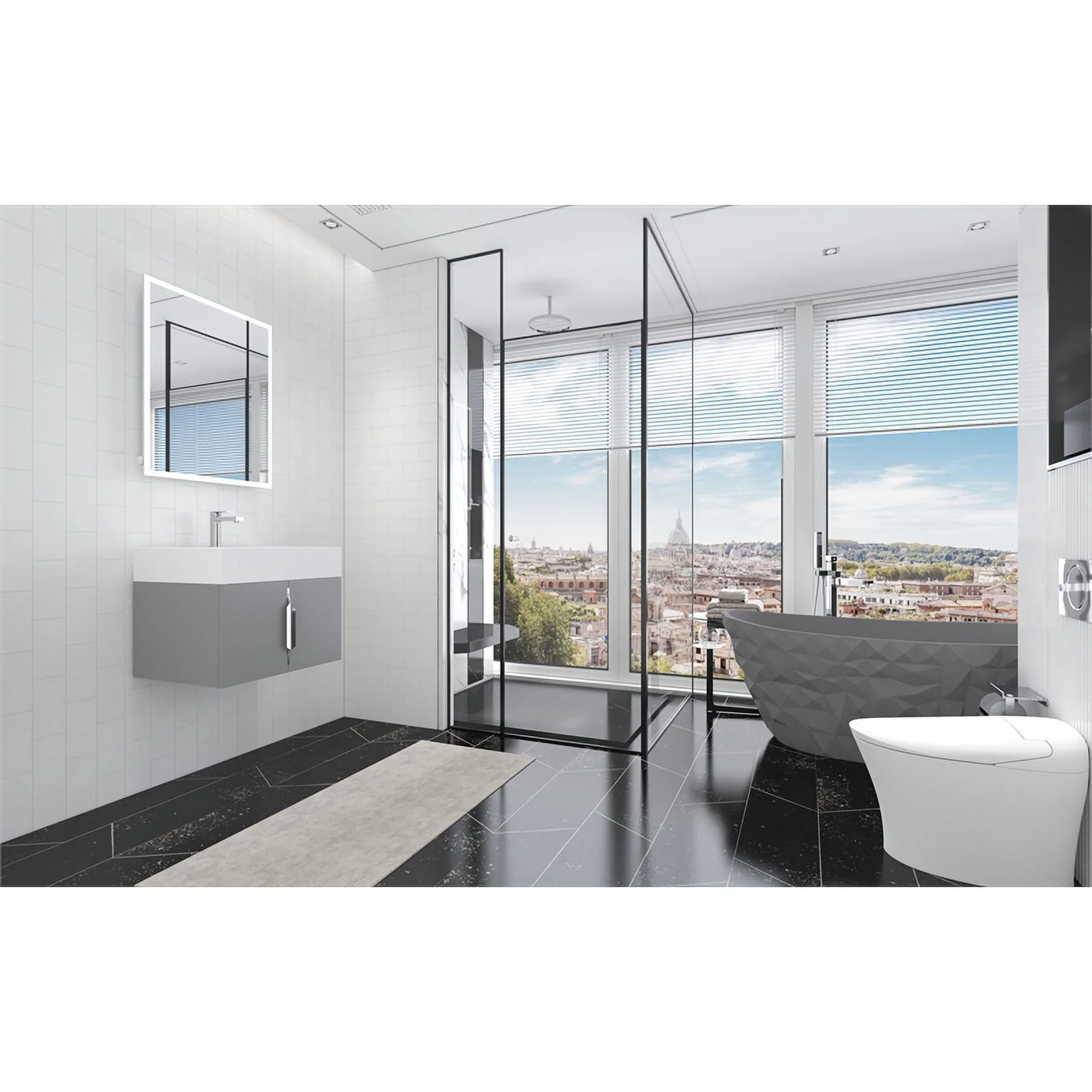 Pemberly Row 36" Gray Wood Floating Vanity w/ White Top & Brushed Nickel Trim
