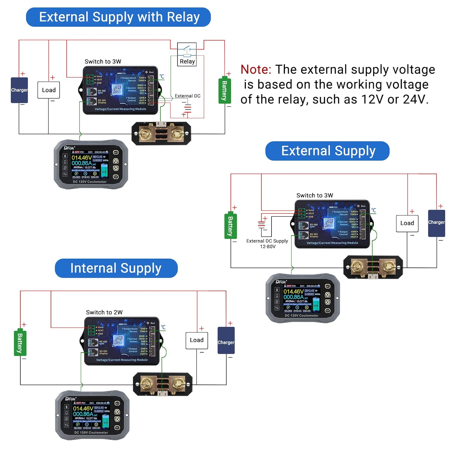 Charge-Discharge Multi Meter, DROK 0-120V 100A DC Voltmeter Coulometer, Mobile Phone APP Control LCD Battery Monitor Volt Amp Temp Power Capacity Timing Monitor for RV, Boat, E-Bike Pack of 2