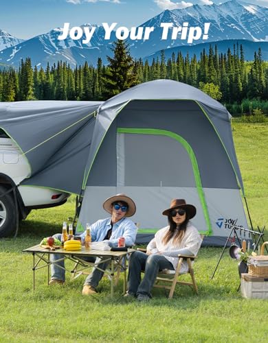 JOYTUTUS Dual-Use SUV Tent, SUV Camping Tent with Rainfly, Movie Screen and Four Steel Frame Poles, SUV Tailgate Tent with Awning Shade, Car Roof Canopy for SUV CUV Van
