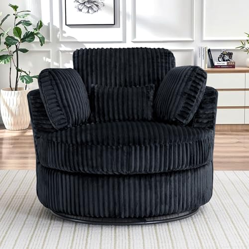 Chair and A Half with Ottoman, 360° Swivel Accent Barrel Chair Modern Comfy Round Reading Sofa Swivel Chairs Circle Lounge Chair for Bedroom Living Room w/4 Pillow Lower Seating Heigh (White, Large)