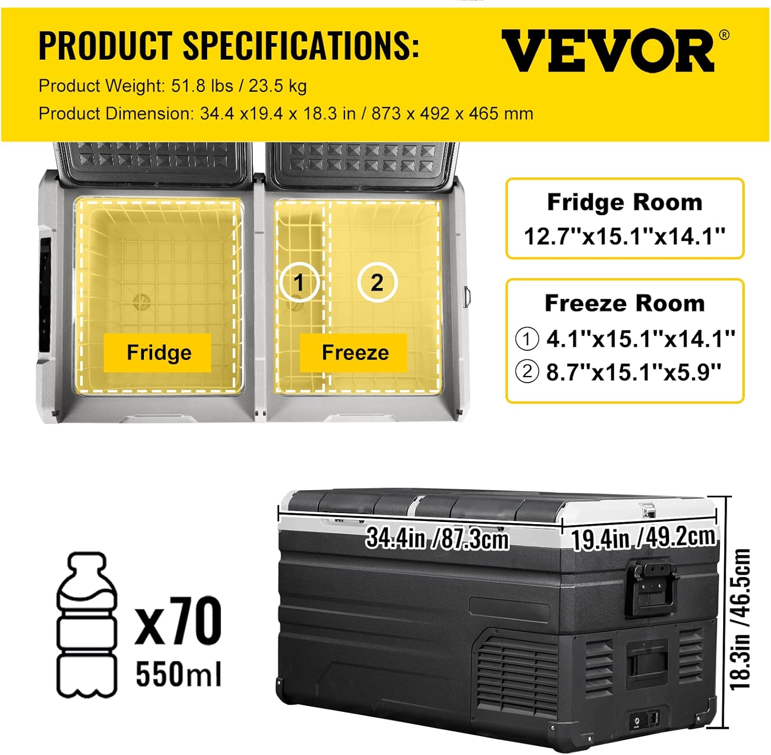 VEVOR 12 Volt Refrigerator 48Qt, Dual Zone Car Fridge Freezer w/App Control & Wheels 12/24V DC & 110-240V AC Electric Compressor Cooler for Truck Vehicle RV Boat Outdoor & Home Use, -4℉-68℉ Black