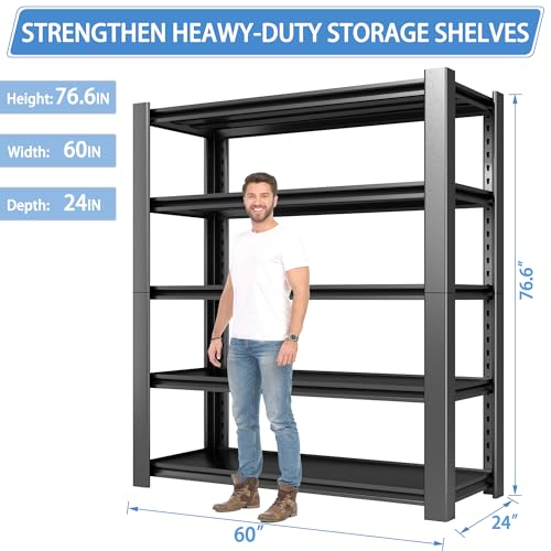 5-Tier Garage Shelving Heavy Duty, 3000 LBS Capacity Metal Storage Rack 76" H x 60" W x 24" D, Adjustable Steel Shelves Unit for Garage, Warehouse, Basement, Pantry, Workshop.1 Pack