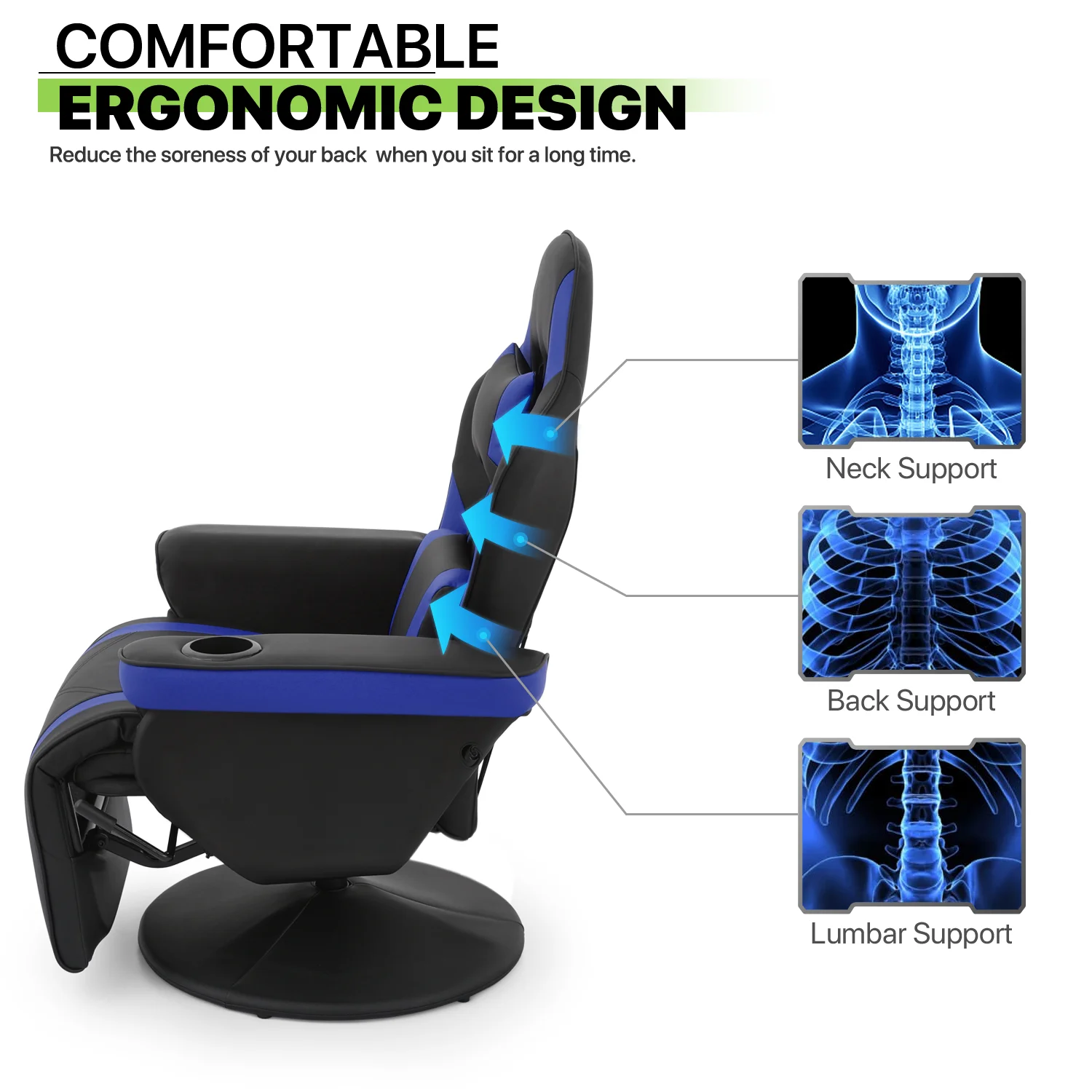 Magshion Gaming Recliner Chair, Ergonomic Reclining Video Gaming with Lumbar Support, Leather Theater Seating with Cup Holder, Blue