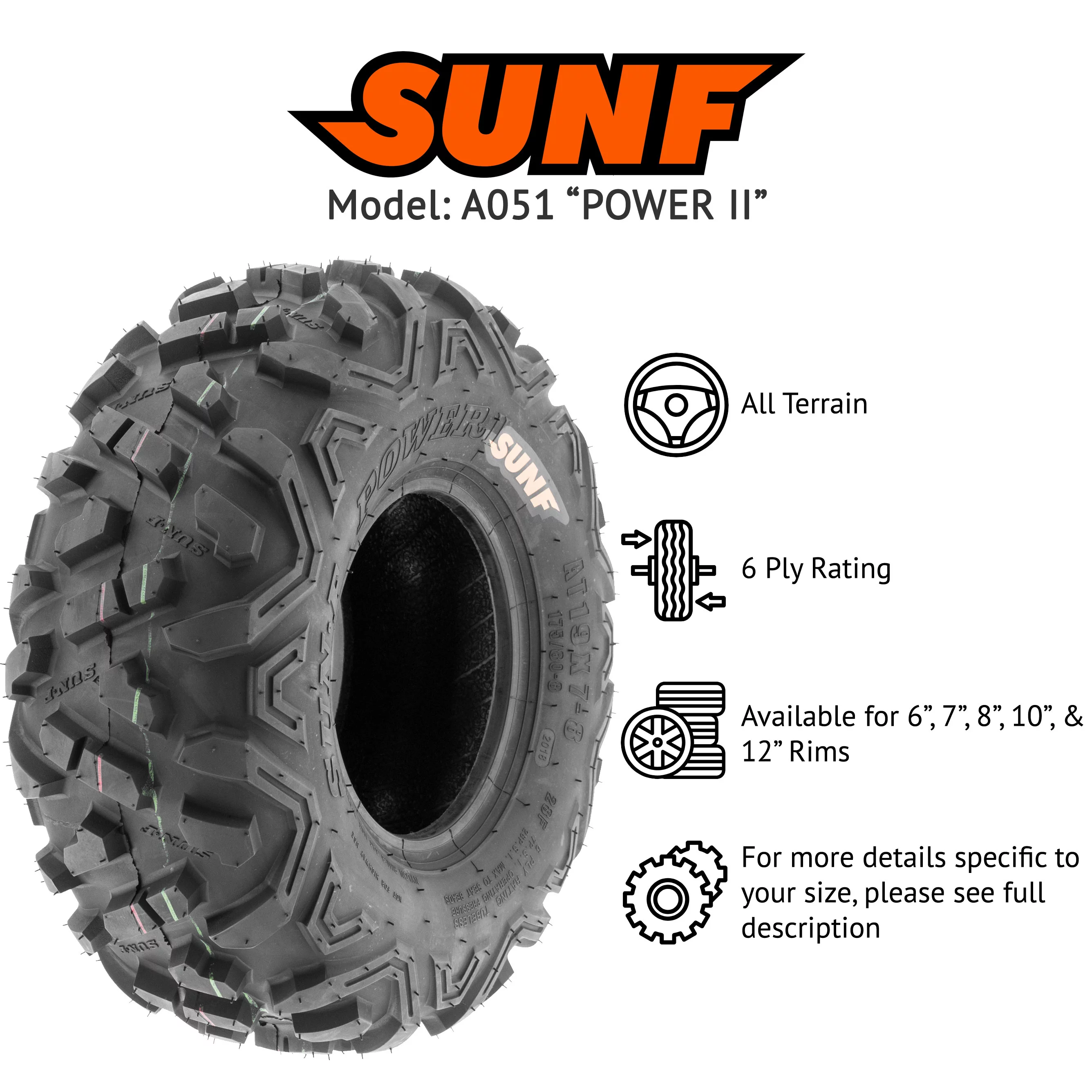 SunF All Terrain ATV UTV Tires 26x9-12 26x9x12 6 PR A051 (Single)