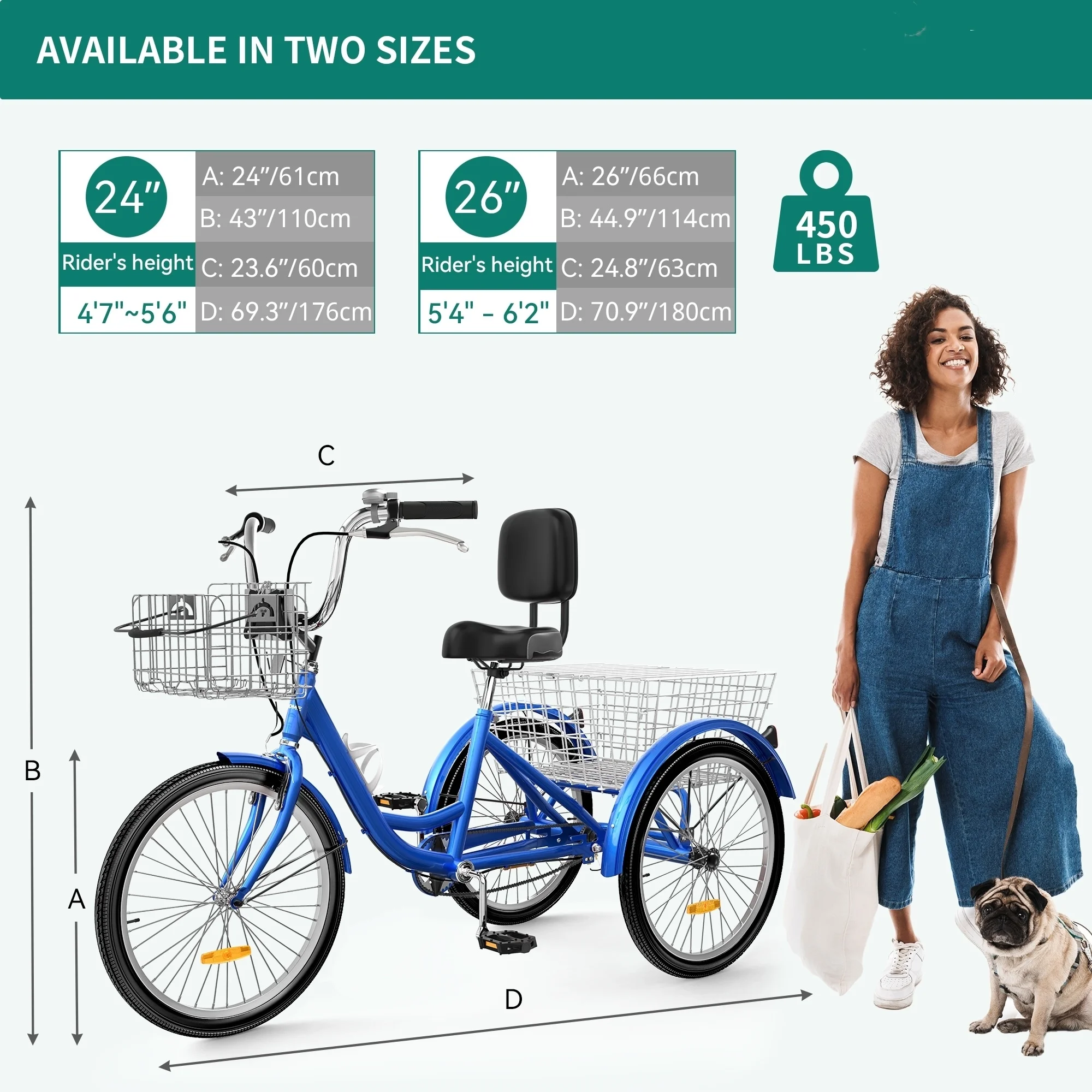 26 Adult Tricycle 3 Wheel Bikes 1 Speed Trike Bike 24 - Blue