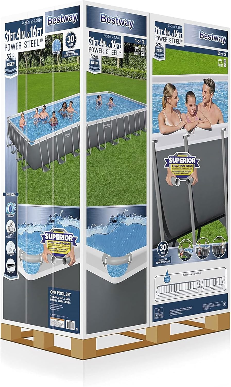 Bestway Power Steel 31' 4" x 16' x 52" Rectangular Metal Frame Above Ground Swimming Pool Set with 2,200 GPH Filter Pump, Ladder, and Pool Cover