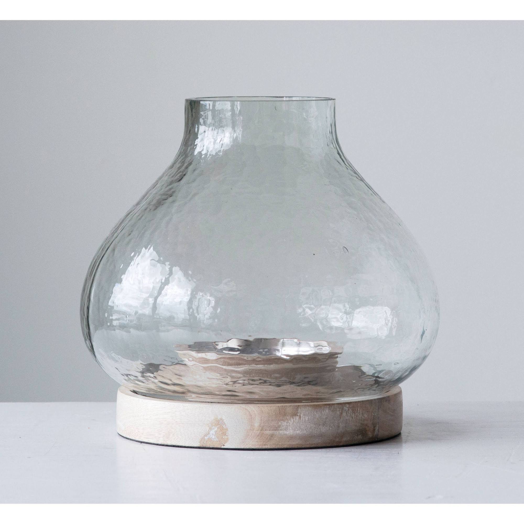 3R Studios Whitewashed Mango Wood and Clear Handblown Glass Hurricane Candle Holder