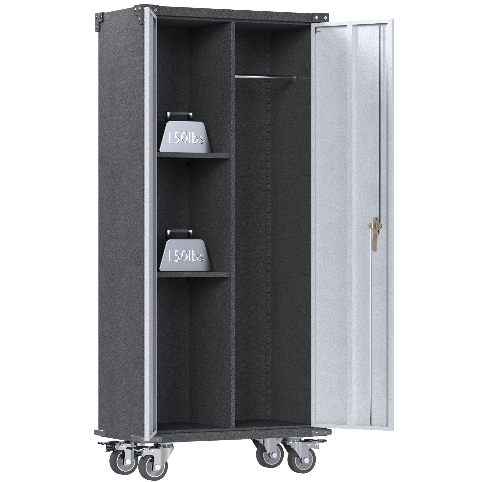 GangMei Metal Rolling Storage Cabinet with Hanging Rod, Large Steel Utility Tool Storage Cabinets with 2 Shelves & Locking Doors, Garage Cabinets for Tool Storage, Assemble Required