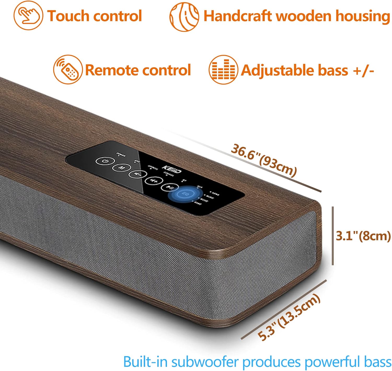 KEiiD Sound Bar for TV 2.1 CH Wooden Soundbar with Built-in Subwoofer, Bluetooth HDMI(ARC)/ Optical/Coaxial/RCA Connection, 4 EQ Modes Optional for Home Theater TV Speakers