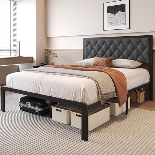 Queen Bed Frame with Headboard PU Leather Upholstered Bed Frame Platform,All Metal Slats Support Platform Bed Frame with Storage Space,Easy Assembly,Noise Free,No Box Spring Needed,Black