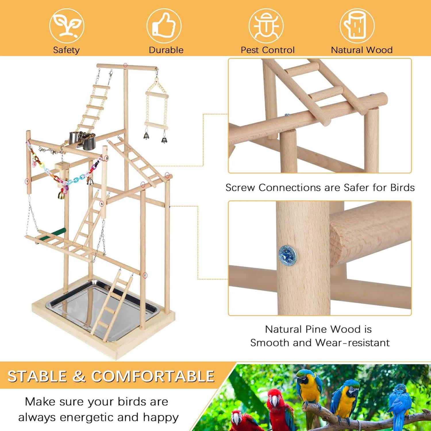 Ibnotuiy Pet Parrot Playstand Parrots Bird Playground Bird Play Stand Wood Perch Gym Playpen Ladder with Feeder Cups Bells for Cockatiel Parakeet - Pet Supplies online store
